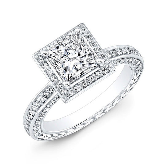 Vintage Style Engraved Halo Diamond Engagement Ring