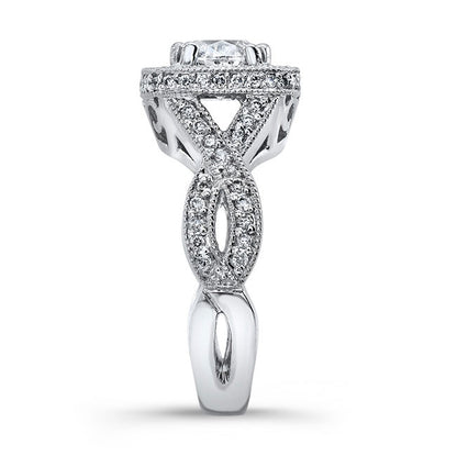 Vintage Style Twisted Shank Engraved Halo Diamond Engagement Ring