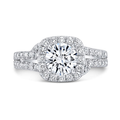 Modern Style Split Shank Halo Diamond Engagement Ring