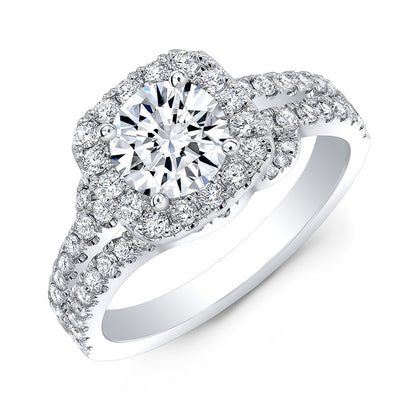 Modern Style Split Shank Halo Diamond Engagement Ring